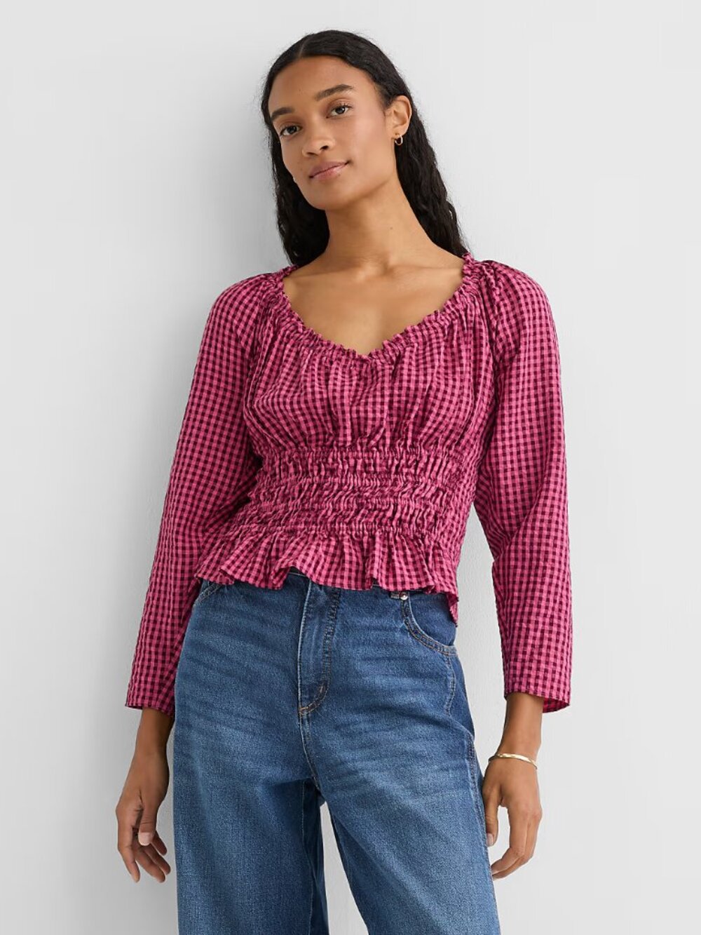 Loft Gingham Smocked Ruffle V-Neck Blouse Rose Plaid Size L NWT